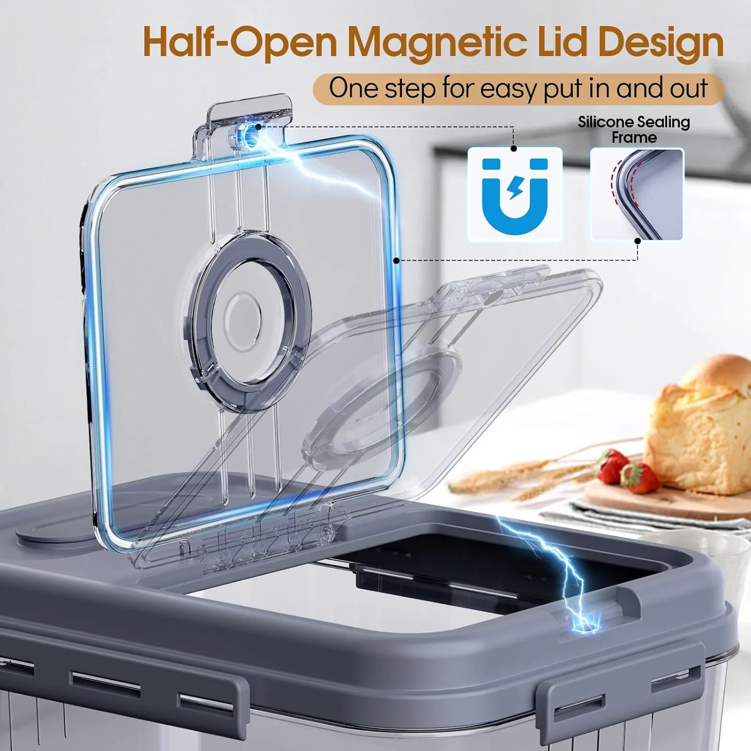 Bread Box Airtight Bread Container for Homemade, Clear Bread Storage for Kitchen Countertop, Time Recording Bread Holder, Bread Keeper with Lid for Toast, Bagel, Donut and Cookies, Grey, S