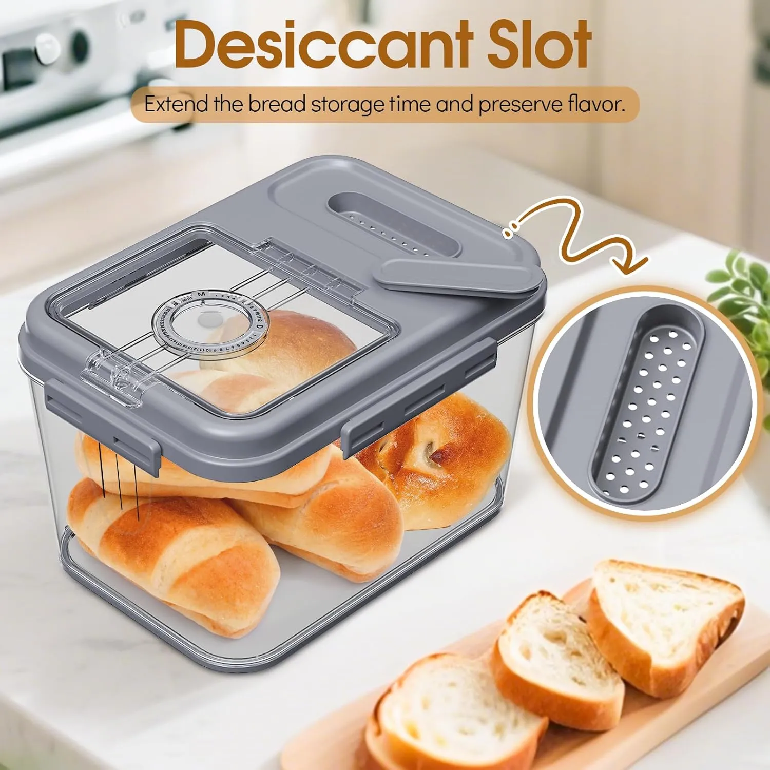 Bread Box Airtight Bread Container for Homemade, Clear Bread Storage for Kitchen Countertop, Time Recording Bread Holder, Bread Keeper with Lid for Toast, Bagel, Donut and Cookies, Grey, S