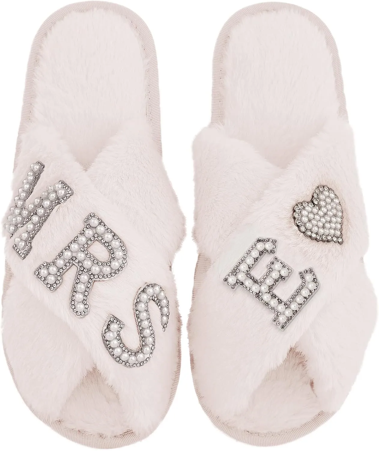 Bride Slippers for Wedding Day, Bride To Be Bridal Shower Gift for Women Bridesmaids, Personalized Initial MRS Pearl Letter Open Toe Fuzzy Flip Flops, Getting Ready Outfit, Bachelorette Party