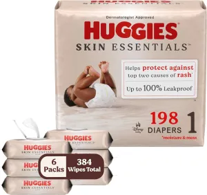Bundle of Huggies Size 1 Diapers, Skin Essentials Baby Diapers, Size 1 (8-14 lbs), 198 Count (3 Packs of 66)   Huggies Skin Essentials Baby Wipes,99% Water, 6 Flip Top Packs (336 Wipes Total)