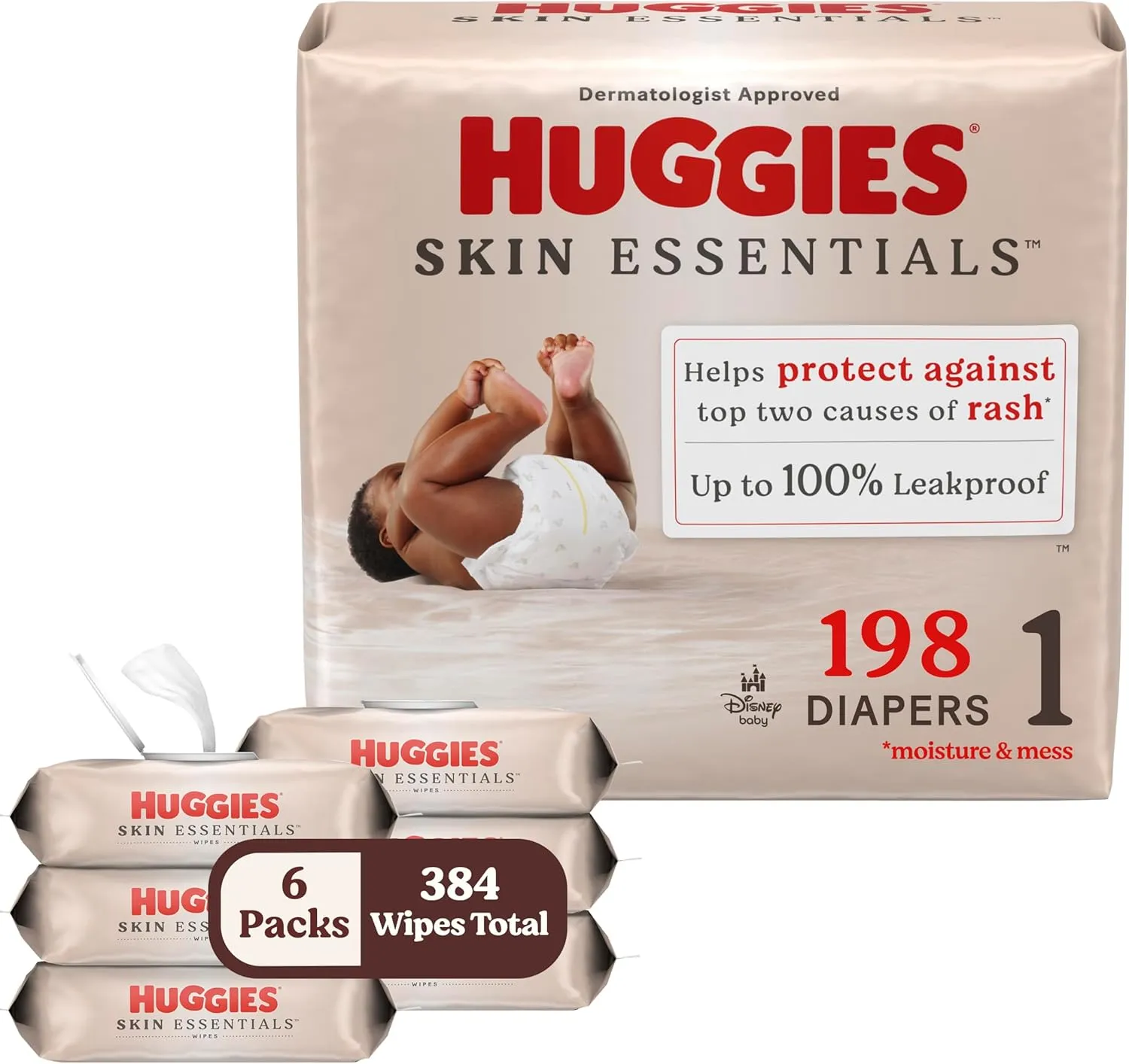 Bundle of Huggies Size 1 Diapers, Skin Essentials Baby Diapers, Size 1 (8-14 lbs), 198 Count (3 Packs of 66)   Huggies Skin Essentials Baby Wipes,99% Water, 6 Flip Top Packs (336 Wipes Total)