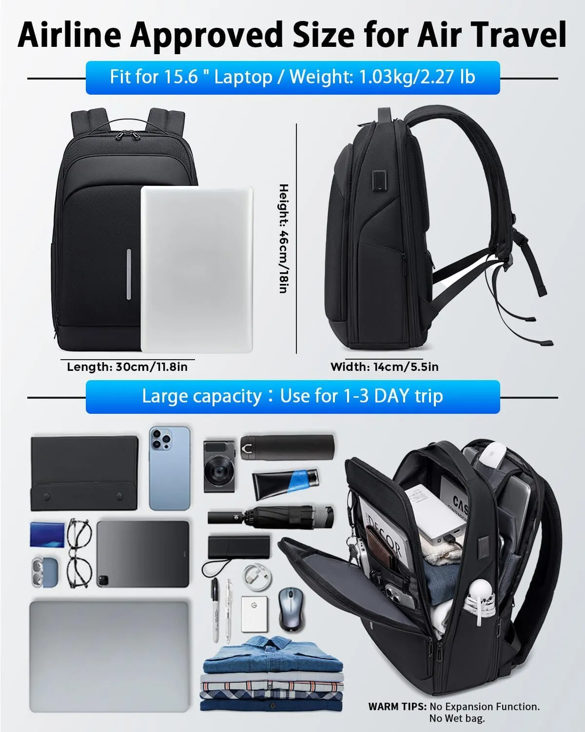 Business Backpack for Men, 15.6 Inch Laptop Backpack with USB Port, Water Resistant Travel Carry on Flight Approved Computer Backpack, Black Mens Laptop Bag for Work/College