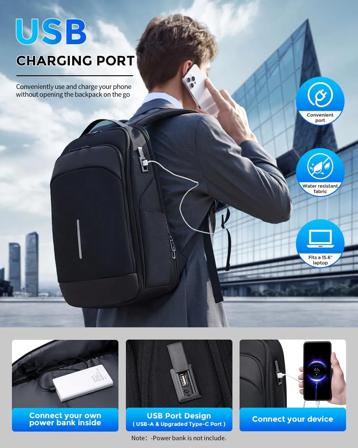 Business Backpack for Men, 15.6 Inch Laptop Backpack with USB Port, Water Resistant Travel Carry on Flight Approved Computer Backpack, Black Mens Laptop Bag for Work/College