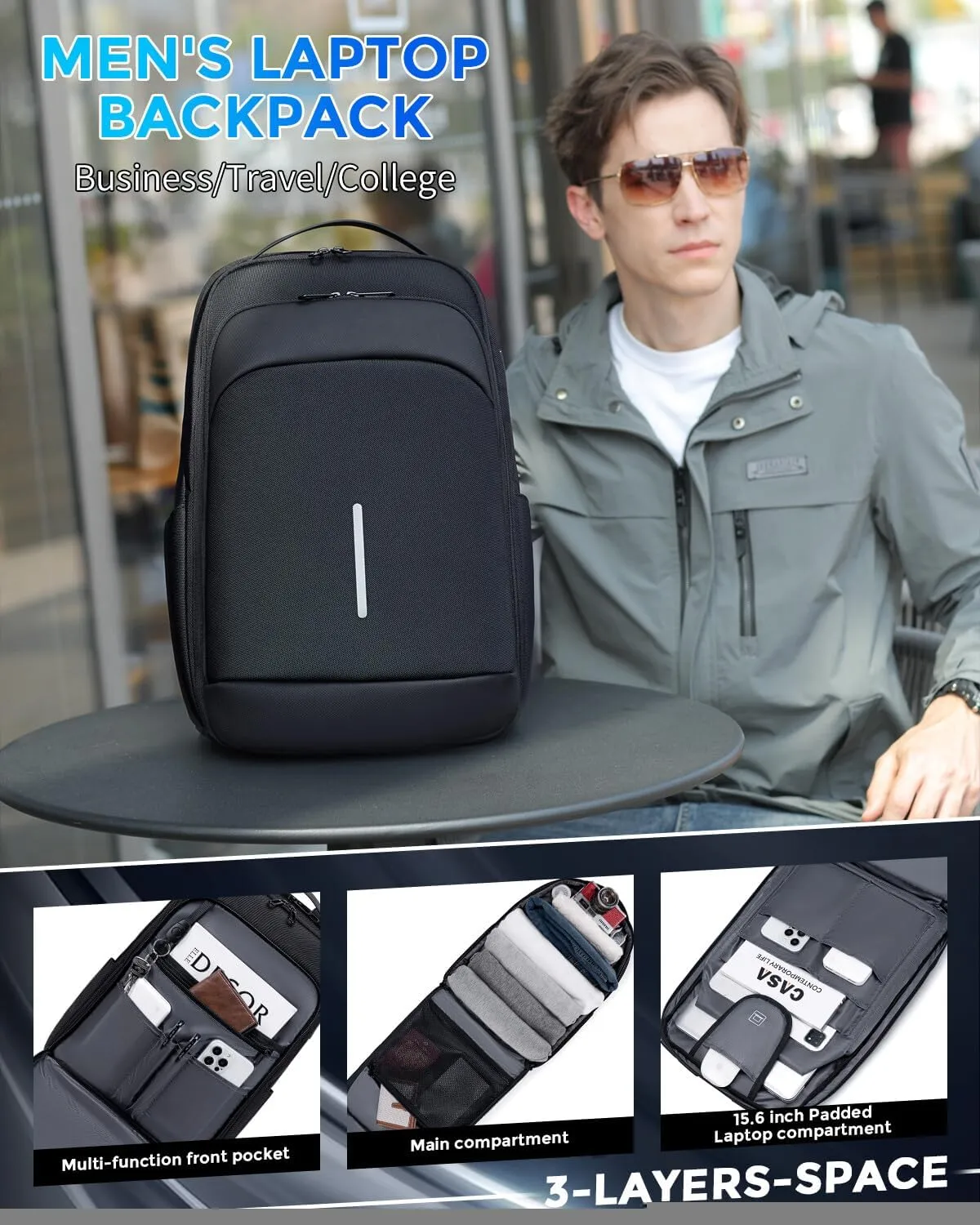 Business Backpack for Men, 15.6 Inch Laptop Backpack with USB Port, Water Resistant Travel Carry on Flight Approved Computer Backpack, Black Mens Laptop Bag for Work/College