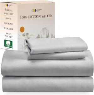 California Design Den King Size Sheets Set - Natural 100% Cotton Sheets King Size with Deep Pockets, Soft Sateen Weave, Breathable, Cooling and Durable Bedding Set (Light Grey)