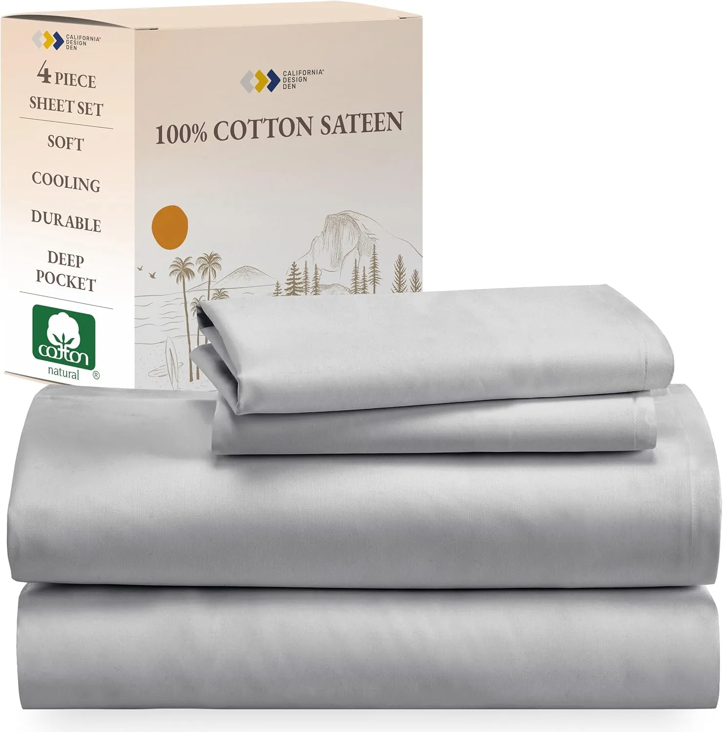 California Design Den King Size Sheets Set - Natural 100% Cotton Sheets King Size with Deep Pockets, Soft Sateen Weave, Breathable, Cooling and Durable Bedding Set (Light Grey)
