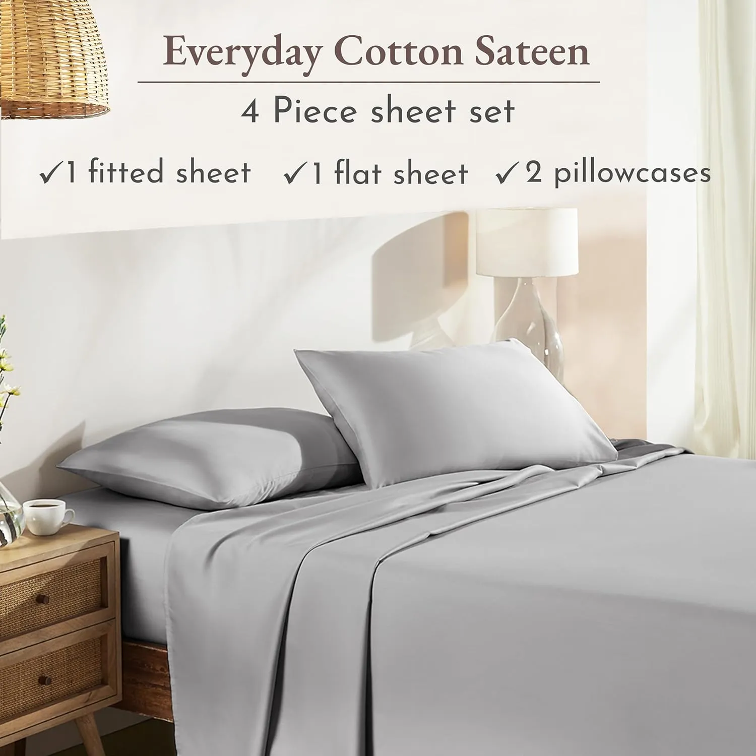 California Design Den King Size Sheets Set - Natural 100% Cotton Sheets King Size with Deep Pockets, Soft Sateen Weave, Breathable, Cooling and Durable Bedding Set (Light Grey)