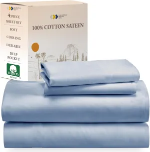 California Design Den Queen Sheet Set - Natural 100% Cotton Sheets Queen Size Bed Set with Deep Pockets, Soft Sateen Weave, Breathable, Cooling and Durable Bedding (Blue Hydrangea)