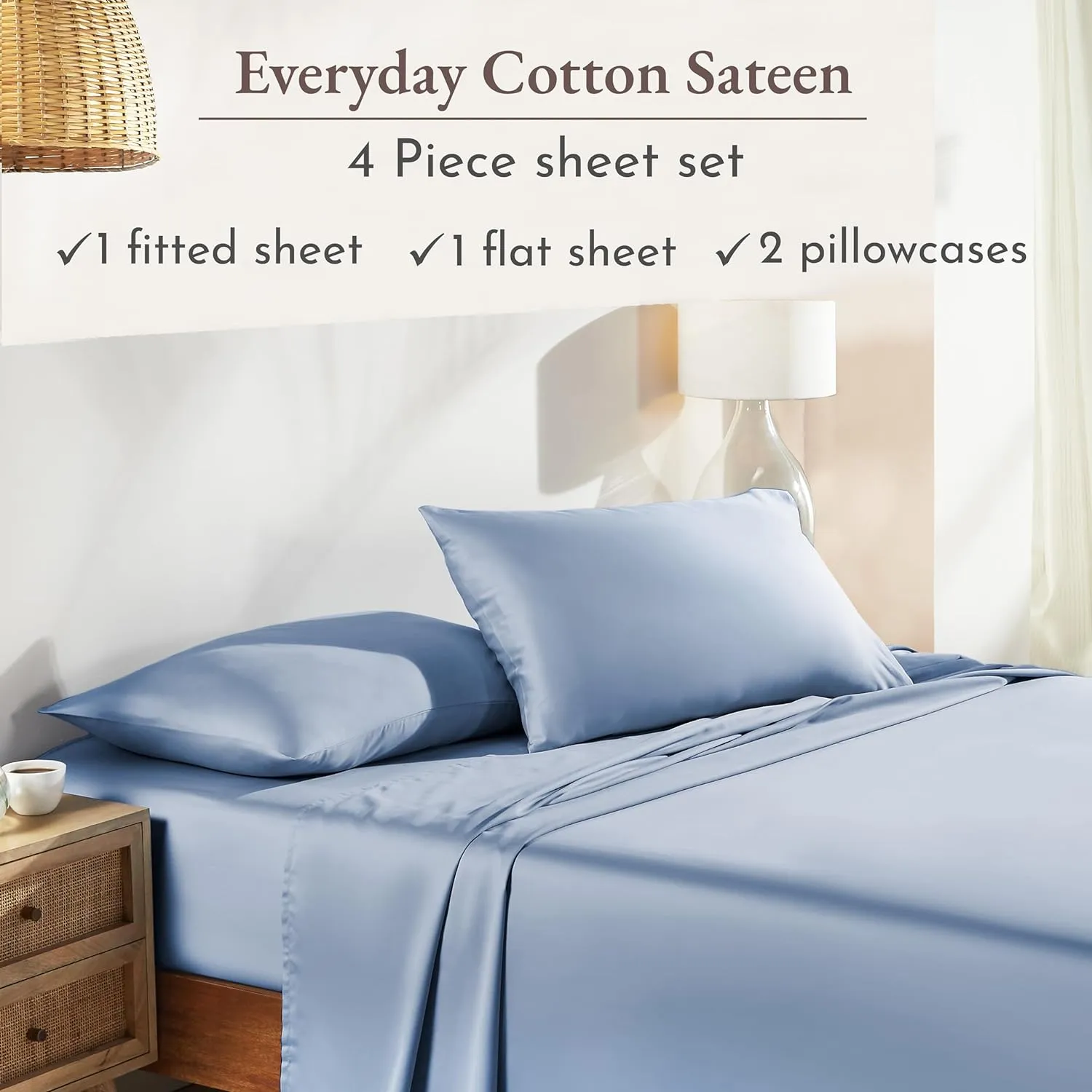 California Design Den Queen Sheet Set - Natural 100% Cotton Sheets Queen Size Bed Set with Deep Pockets, Soft Sateen Weave, Breathable, Cooling and Durable Bedding (Blue Hydrangea)