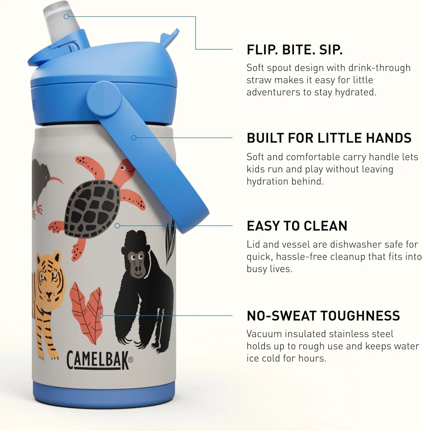CamelBak Thrive Flip Straw Kids Bite Valve Insulated Stainless Steel Water Bottle Protect Our Pals, 12oz