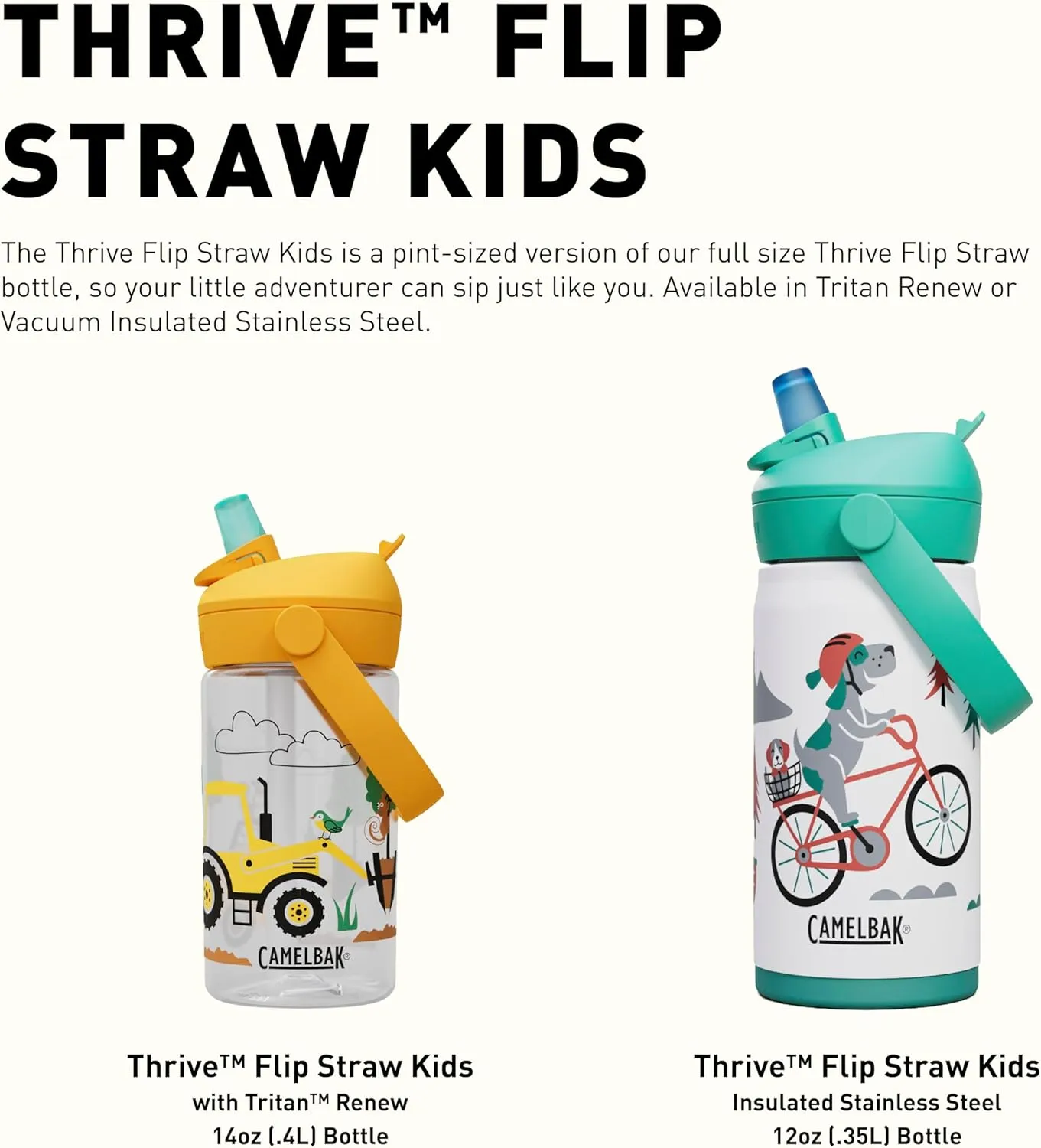 CamelBak Thrive Flip Straw Kids Bite Valve Insulated Stainless Steel Water Bottle Protect Our Pals, 12oz