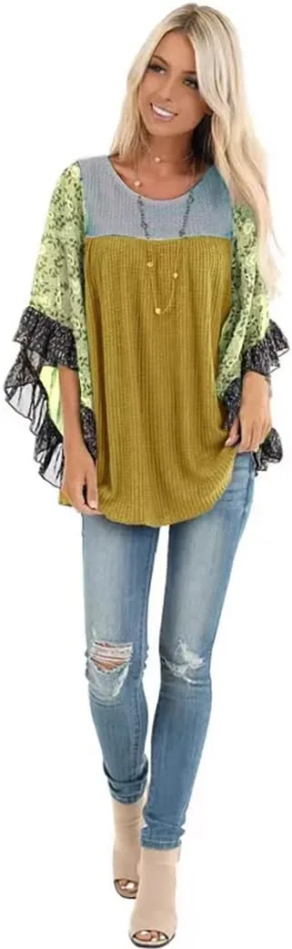 CASURESS Womens Floral Printed 3 4 Sleeve Shirt Batwing Loose Tops Blouses Pullover
