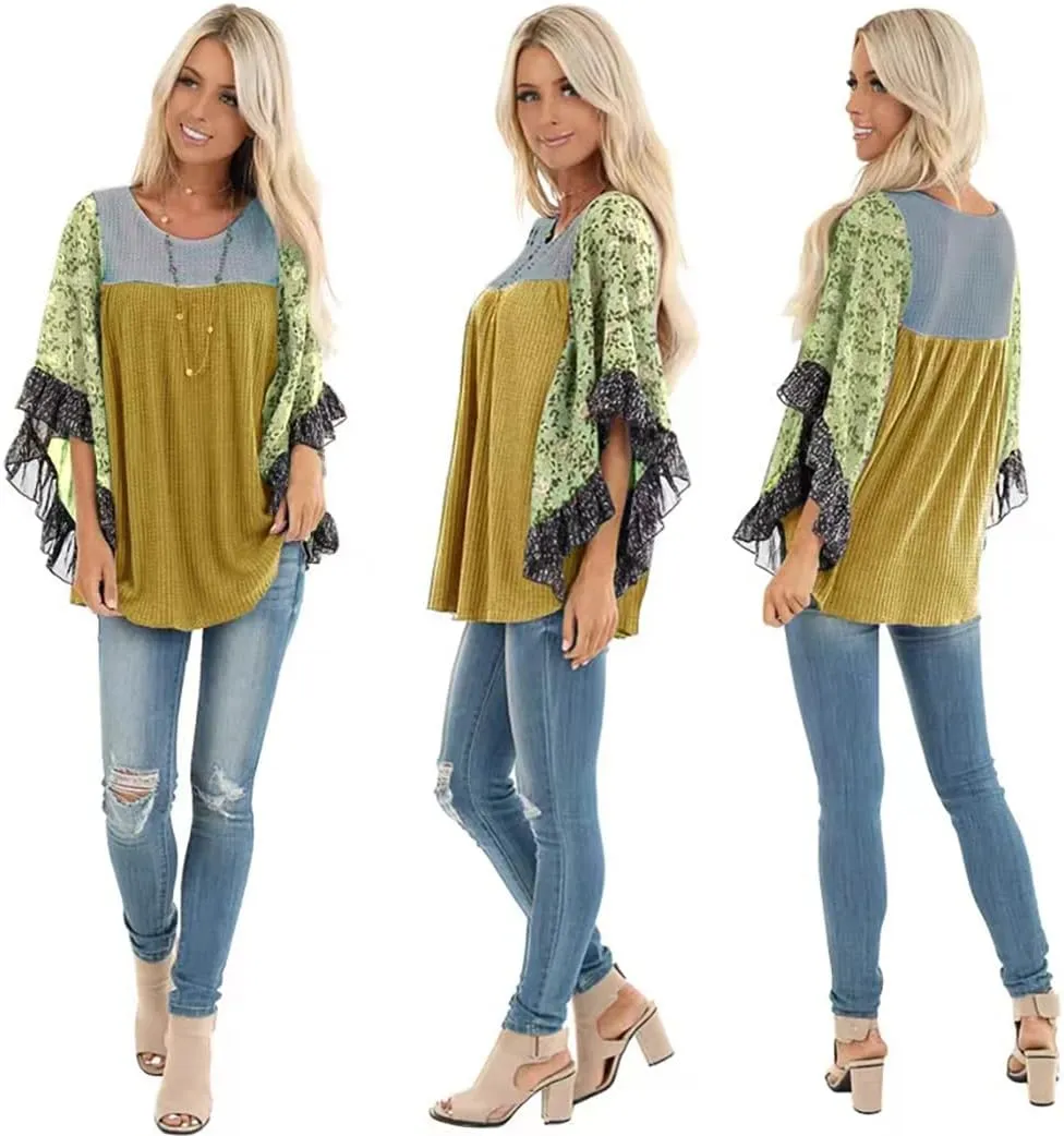 CASURESS Womens Floral Printed 3 4 Sleeve Shirt Batwing Loose Tops Blouses Pullover