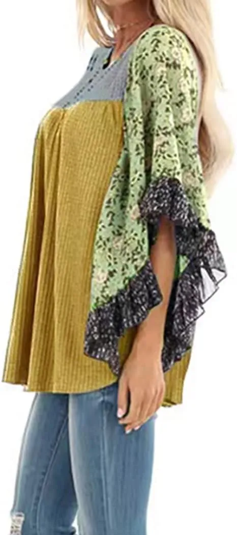CASURESS Womens Floral Printed 3 4 Sleeve Shirt Batwing Loose Tops Blouses Pullover