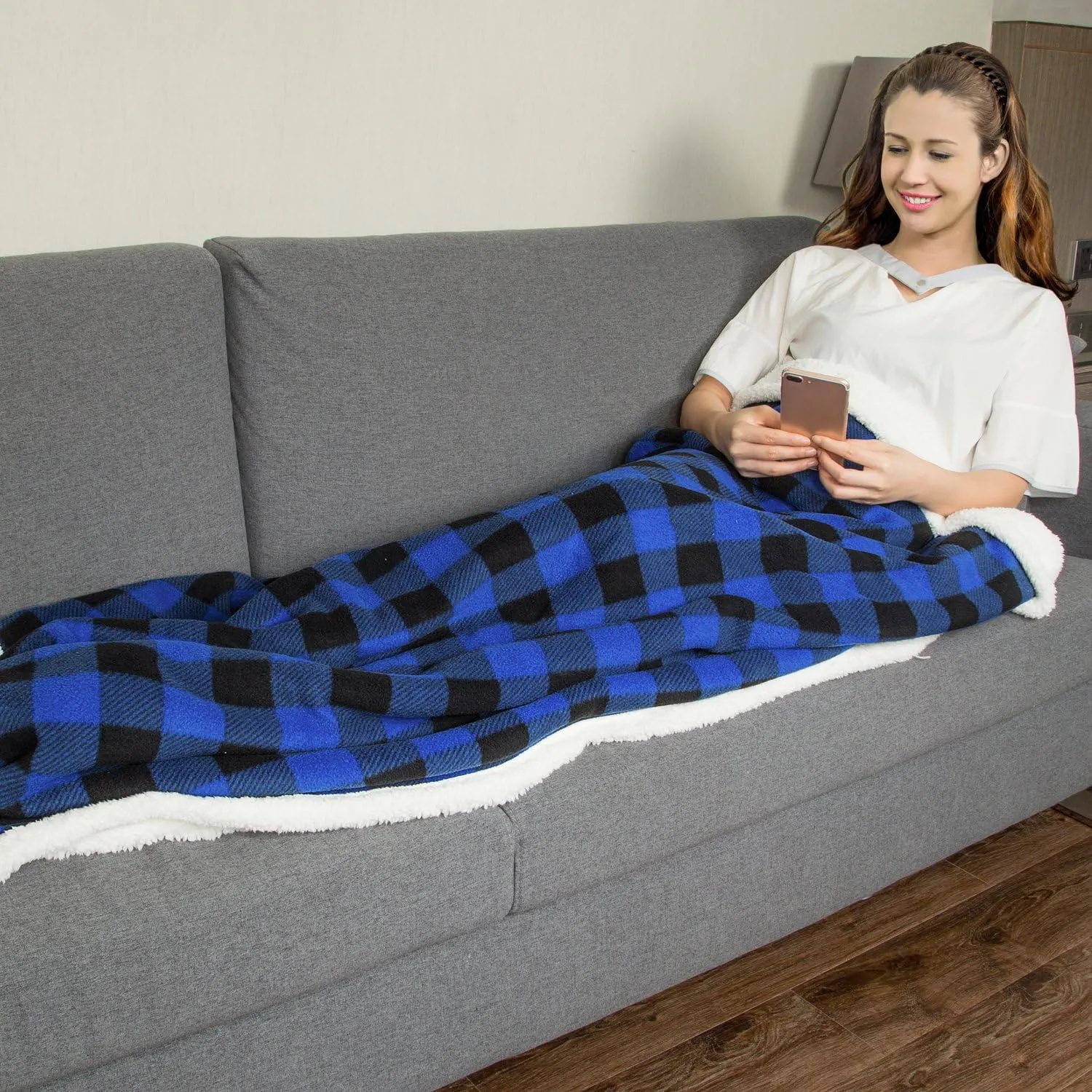 Catalonia Buffalo Plaid Sherpa Throw Blanket, Reversible Soft Warm Comfy Snuggle Micro Fleece Plush Throws for Bed Couch TV, 60x50 inches, Blue Checkered