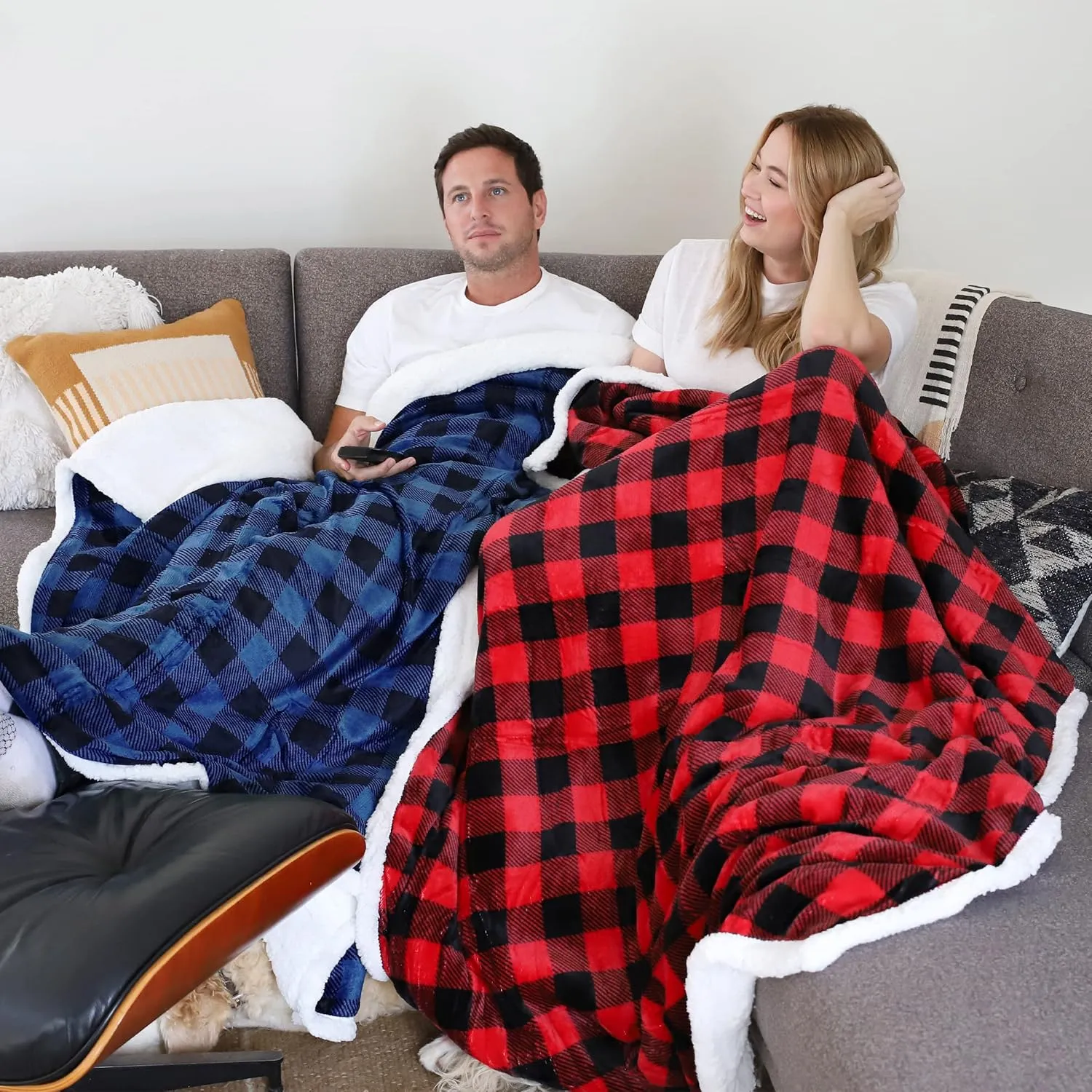 Catalonia Buffalo Plaid Sherpa Throw Blanket, Reversible Soft Warm Comfy Snuggle Micro Fleece Plush Throws for Bed Couch TV, 60x50 inches, Blue Checkered
