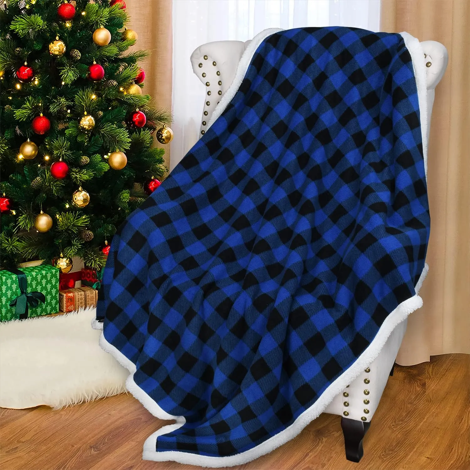 Catalonia Buffalo Plaid Sherpa Throw Blanket, Reversible Soft Warm Comfy Snuggle Micro Fleece Plush Throws for Bed Couch TV, 60x50 inches, Blue Checkered