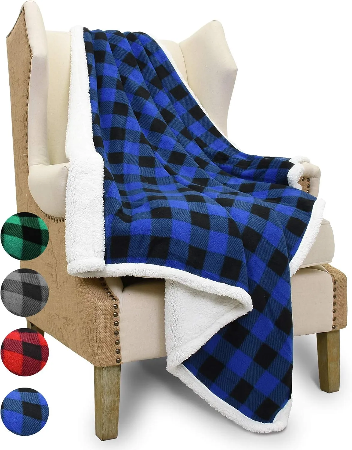 Catalonia Buffalo Plaid Sherpa Throw Blanket, Reversible Soft Warm Comfy Snuggle Micro Fleece Plush Throws for Bed Couch TV, 60x50 inches, Blue Checkered