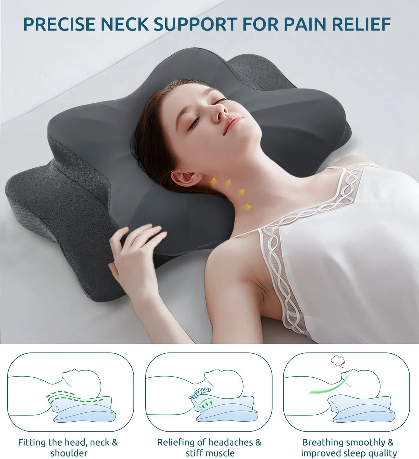 Cervical Pillow for Neck and Shoulder, Ergonomic Contour Memory Foam Pillows for Sleeping, Cooling Neck Support Pillow for Side Back Stomach Sleeper King Size Deep Grey
