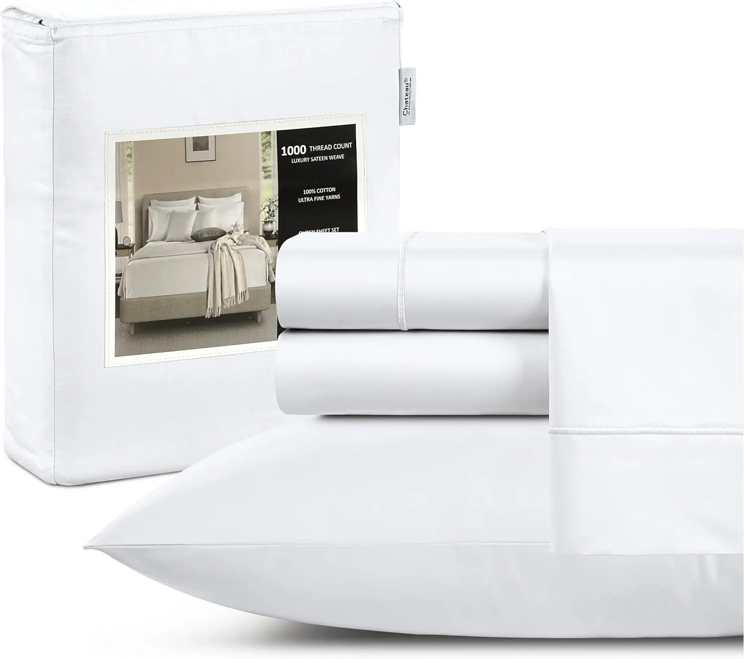CHATEAU HOME COLLECTION 100% Cotton King Size Sheets Set, 1000 Thread Count, Luxury Hotel Sheets, Soft Sateen Weave, Breathable & Cooling, 4-Piece Set, King Size, White