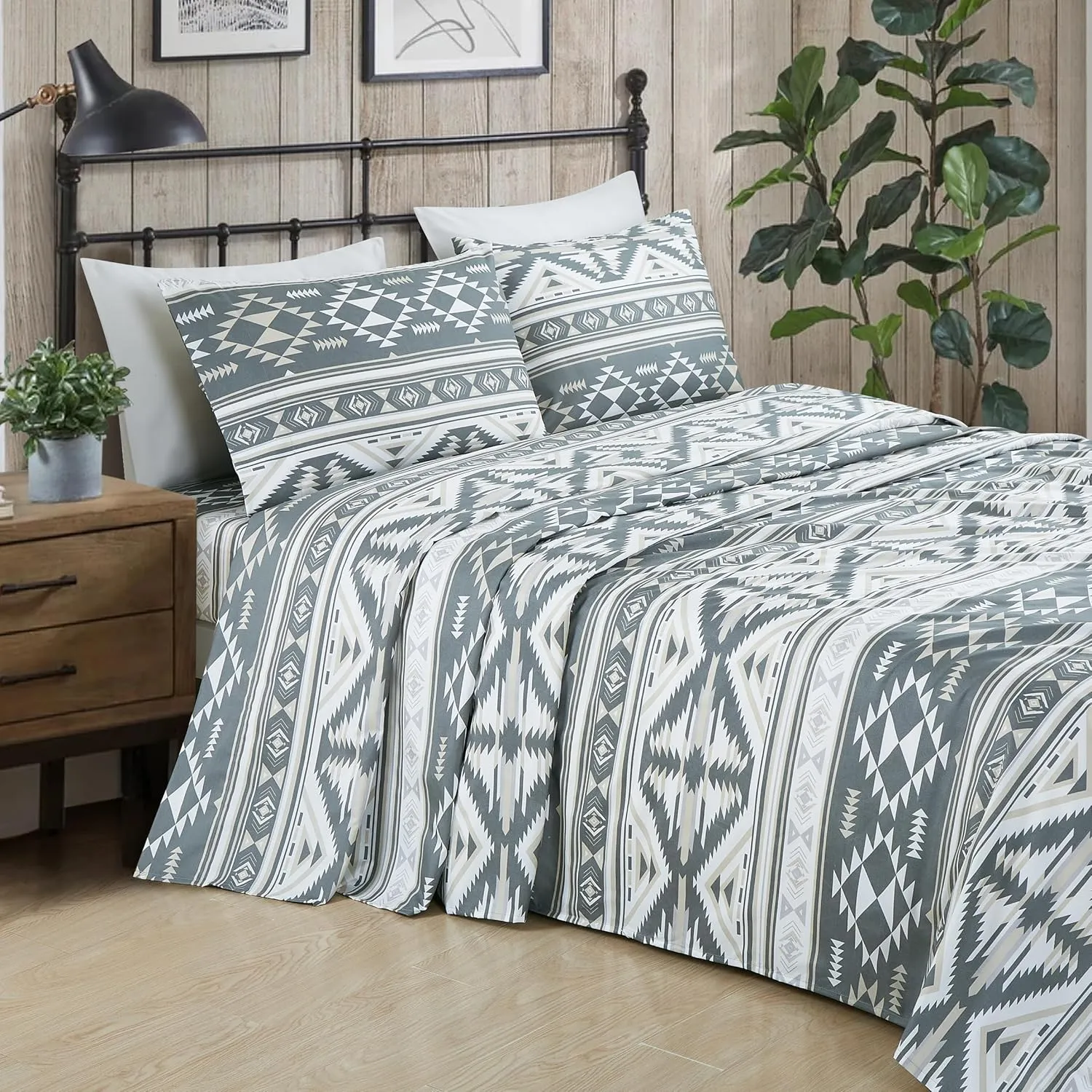Chezmoi Collection 4-Piece Southwestern Geometric Motif Sheet Set Queen Size - Multicolor Gray White Light Brown Printed Brushed Microfiber Lightweight Breathable Deep Pocket Bed Sheets