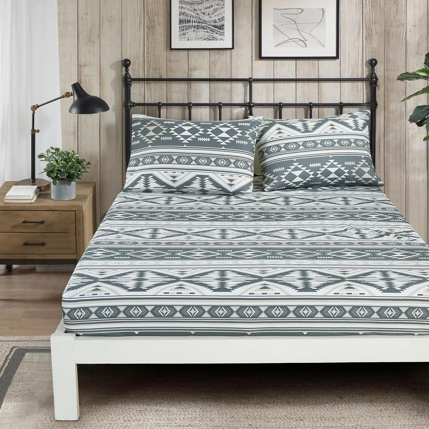 Chezmoi Collection 4-Piece Southwestern Geometric Motif Sheet Set Queen Size - Multicolor Gray White Light Brown Printed Brushed Microfiber Lightweight Breathable Deep Pocket Bed Sheets