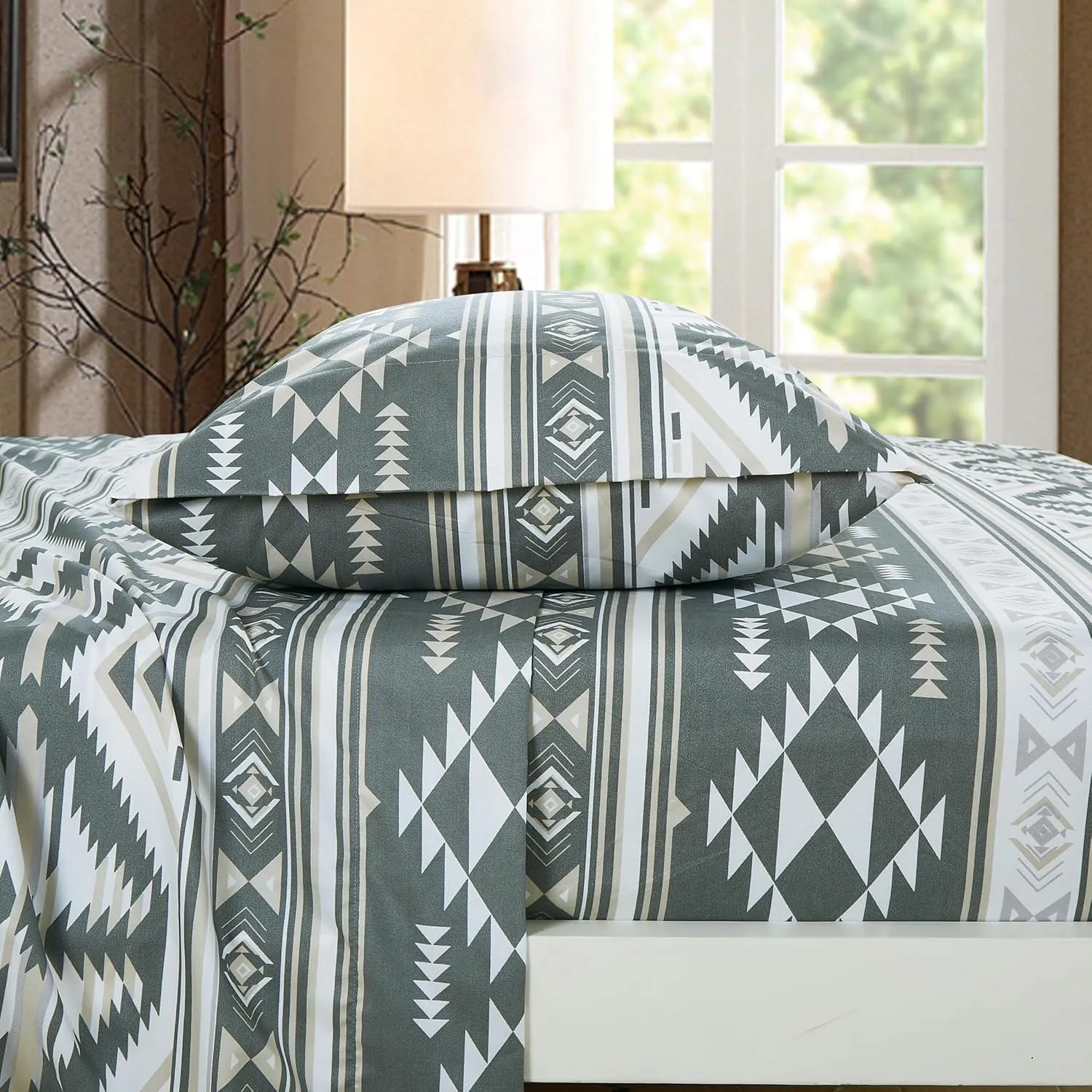 Chezmoi Collection 4-Piece Southwestern Geometric Motif Sheet Set Queen Size - Multicolor Gray White Light Brown Printed Brushed Microfiber Lightweight Breathable Deep Pocket Bed Sheets