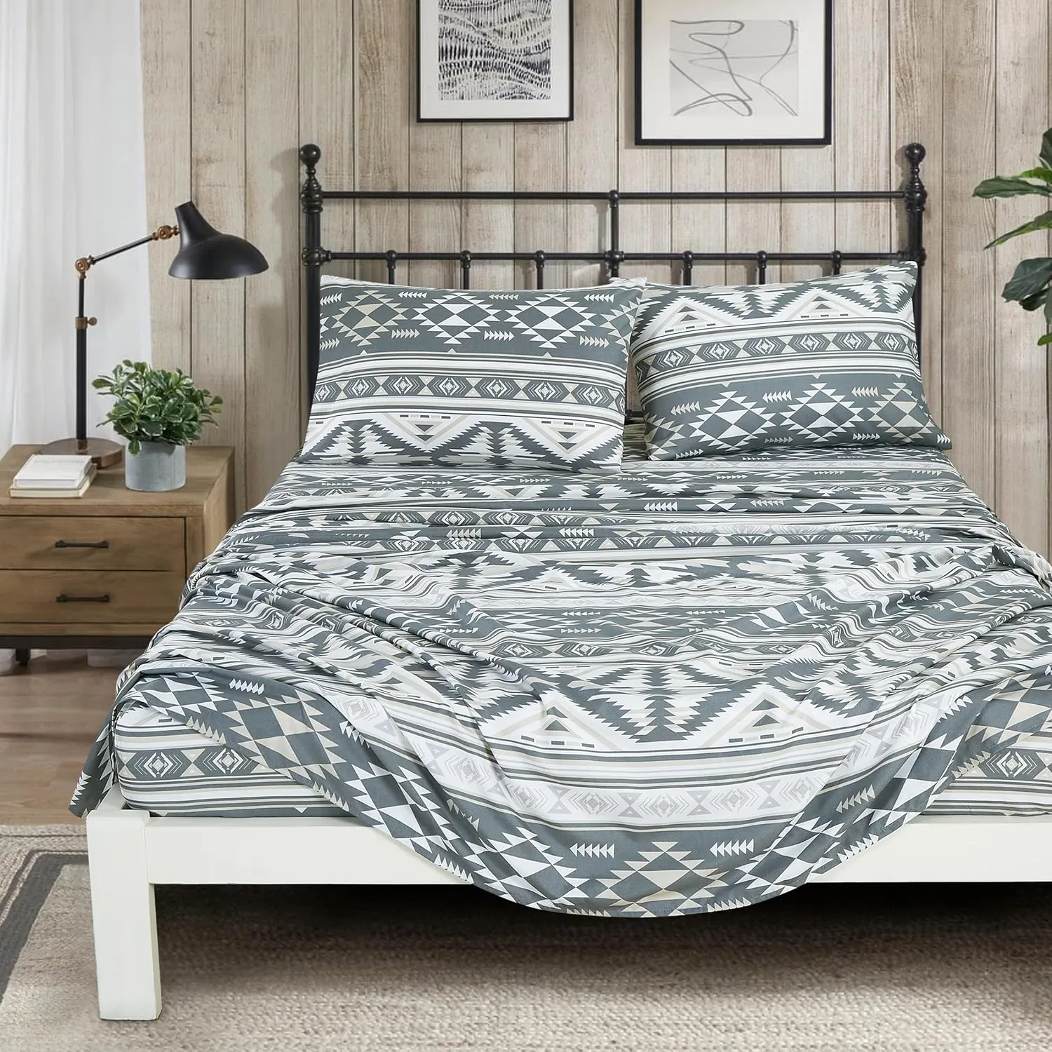 Chezmoi Collection 4-Piece Southwestern Geometric Motif Sheet Set Queen Size - Multicolor Gray White Light Brown Printed Brushed Microfiber Lightweight Breathable Deep Pocket Bed Sheets