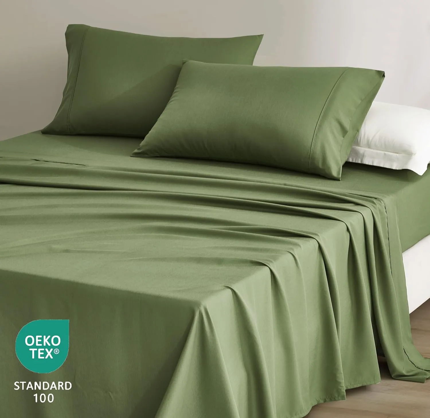 Chezmoi Collection 4-Piece Stone Washed Full Sheet Set - Rayon Derived from Bamboo & Polyester Blended, Breathable & Cooling 15-Inches Deep Pocket Sheets & Pillowcases Set, Olive Green