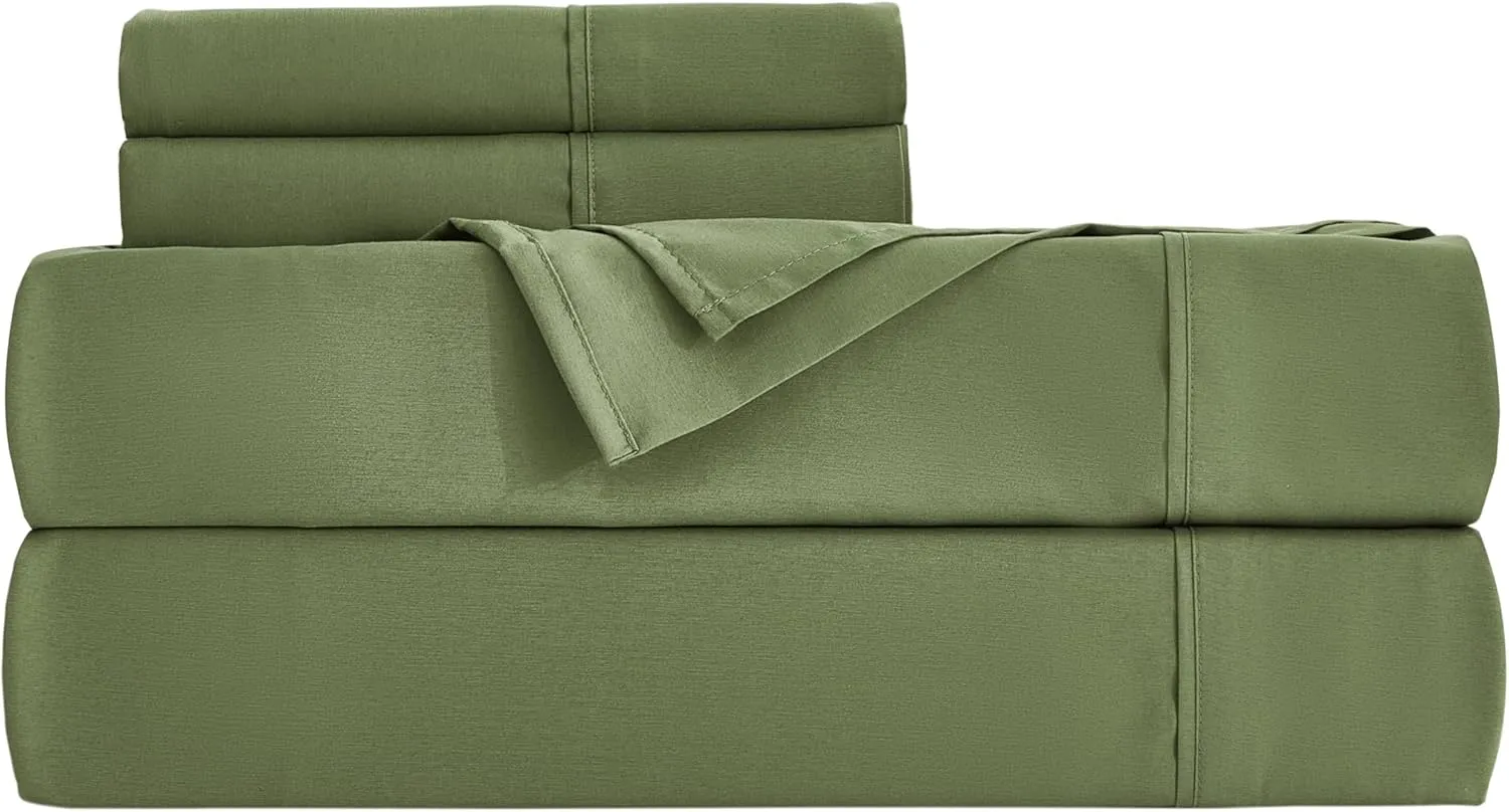 Chezmoi Collection 4-Piece Stone Washed Full Sheet Set - Rayon Derived from Bamboo & Polyester Blended, Breathable & Cooling 15-Inches Deep Pocket Sheets & Pillowcases Set, Olive Green
