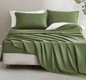 Chezmoi Collection 4-Piece Stone Washed Full Sheet Set - Rayon Derived from Bamboo & Polyester Blended, Breathable & Cooling 15-Inches Deep Pocket Sheets & Pillowcases Set, Olive Green