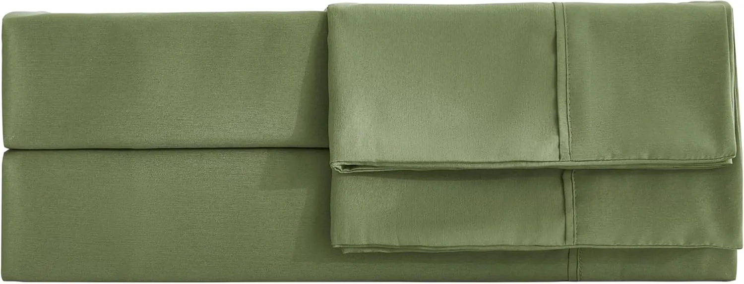 Chezmoi Collection 4-Piece Stone Washed Full Sheet Set - Rayon Derived from Bamboo & Polyester Blended, Breathable & Cooling 15-Inches Deep Pocket Sheets & Pillowcases Set, Olive Green