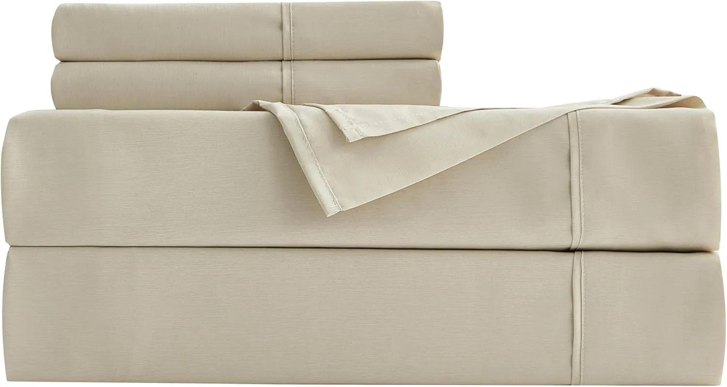 Chezmoi Collection 4-Piece Stone Washed Full Sheet Set - Rayon Derived from Bamboo & Polyester Blended, Breathable & Cooling 15-Inches Deep Pocket Sheets & Pillowcases Set, Sand