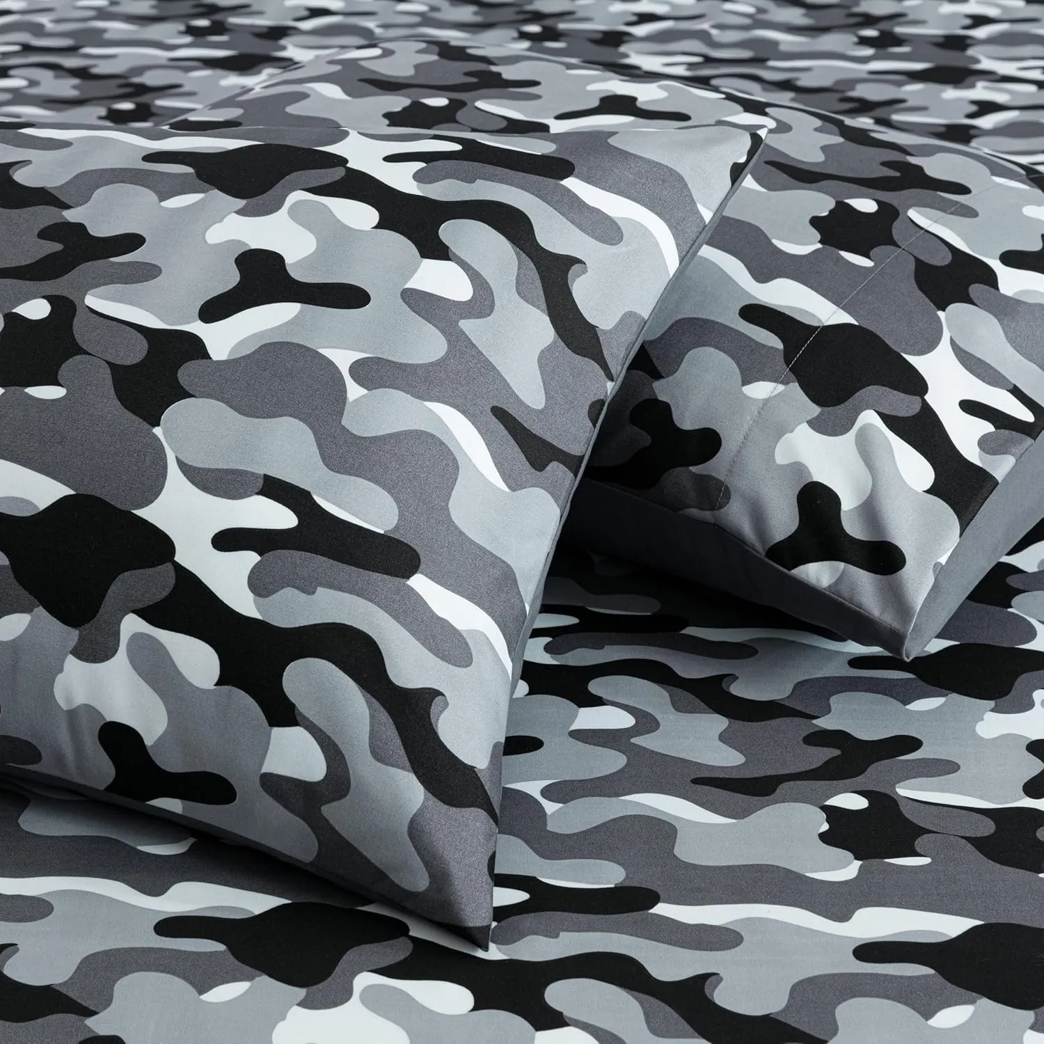 Chezmoi Collection Military Camo 4-Piece Sheet Set - Camouflage Black Gray Printed Microfiber Soft Breathable Deep Pocket Sheets and Pillowcases Set, Full Size