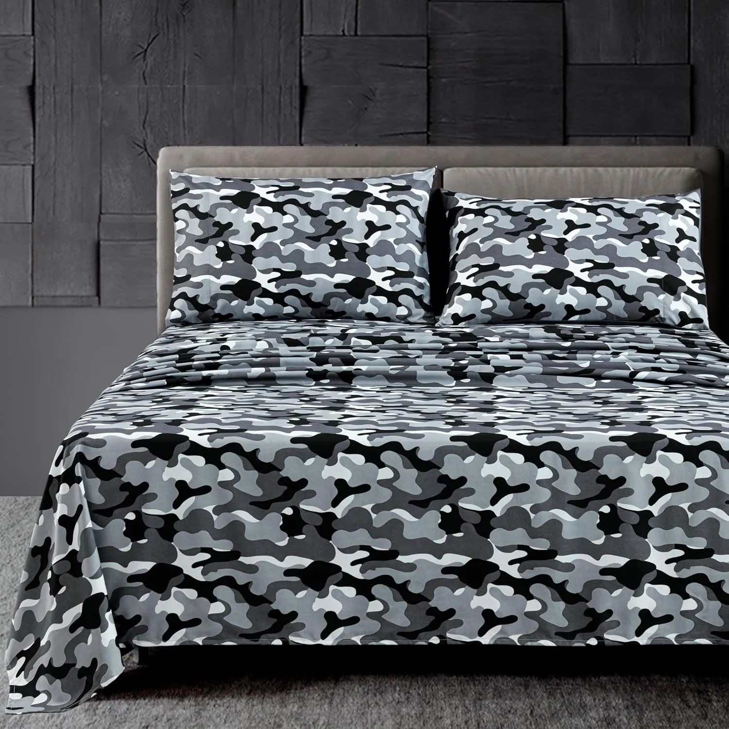 Chezmoi Collection Military Camo 4-Piece Sheet Set - Camouflage Black Gray Printed Microfiber Soft Breathable Deep Pocket Sheets and Pillowcases Set, Full Size