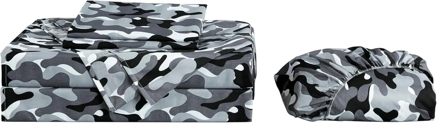 Chezmoi Collection Military Camo 4-Piece Sheet Set - Camouflage Black Gray Printed Microfiber Soft Breathable Deep Pocket Sheets and Pillowcases Set, Full Size