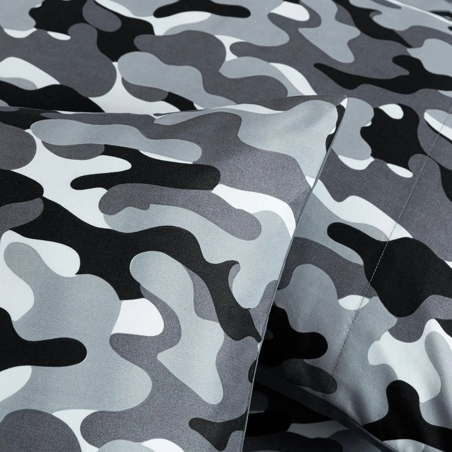Chezmoi Collection Military Camo 4-Piece Sheet Set - Camouflage Black Gray Printed Microfiber Soft Breathable Deep Pocket Sheets and Pillowcases Set, Full Size