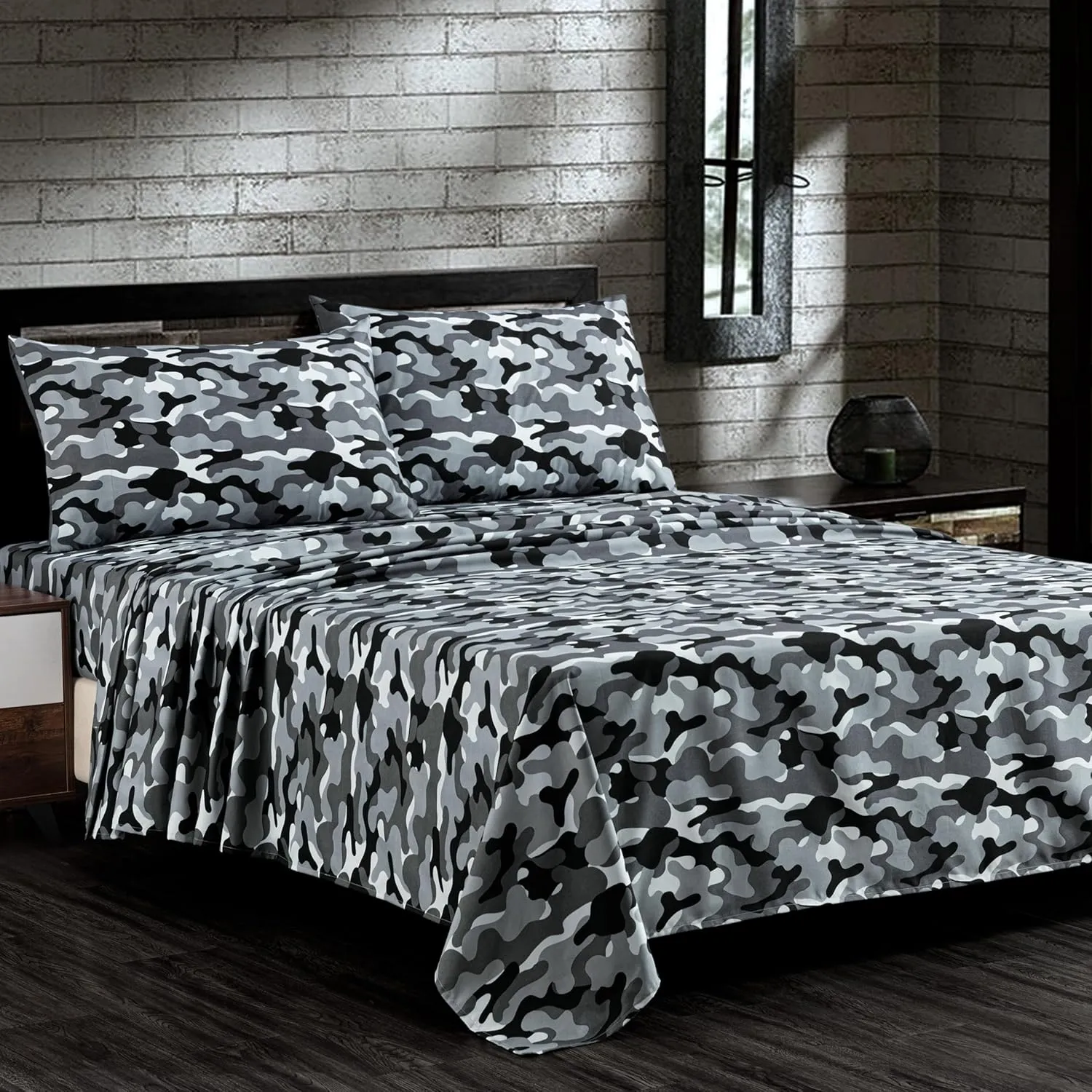 Chezmoi Collection Military Camo 4-Piece Sheet Set - Camouflage Black Gray Printed Microfiber Soft Breathable Deep Pocket Sheets and Pillowcases Set, Full Size