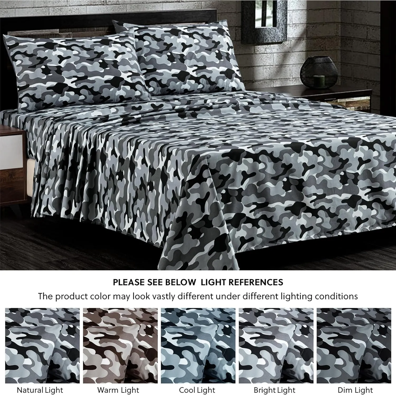 Chezmoi Collection Military Camo 4-Piece Sheet Set - Camouflage Black Gray Printed Microfiber Soft Breathable Deep Pocket Sheets and Pillowcases Set, Full Size