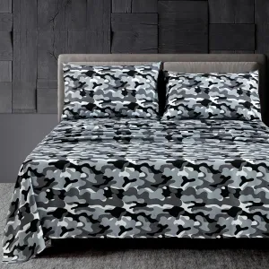 Chezmoi Collection Military Camo 4-Piece Sheet Set - Camouflage Black Gray Printed Microfiber Soft Breathable Deep Pocket Sheets and Pillowcases Set, Full Size