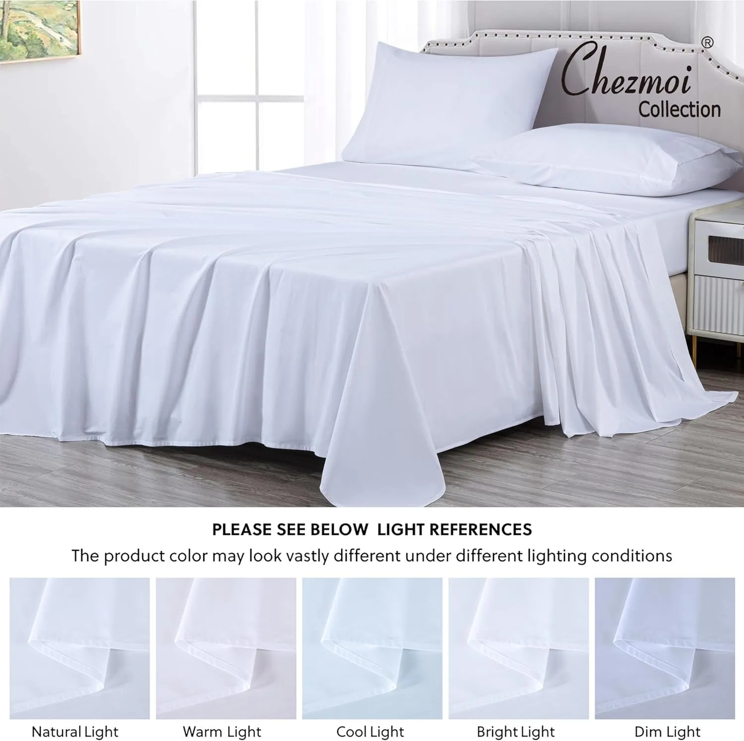 Chezmoi Collection Solid White 250TC 100% Cotton Twill Bed Sheet Set California King Size, 4-Piece Luxury Soft Breathable Smooth 16-Inches Deep Pocket Sheets and Pillowcases Set