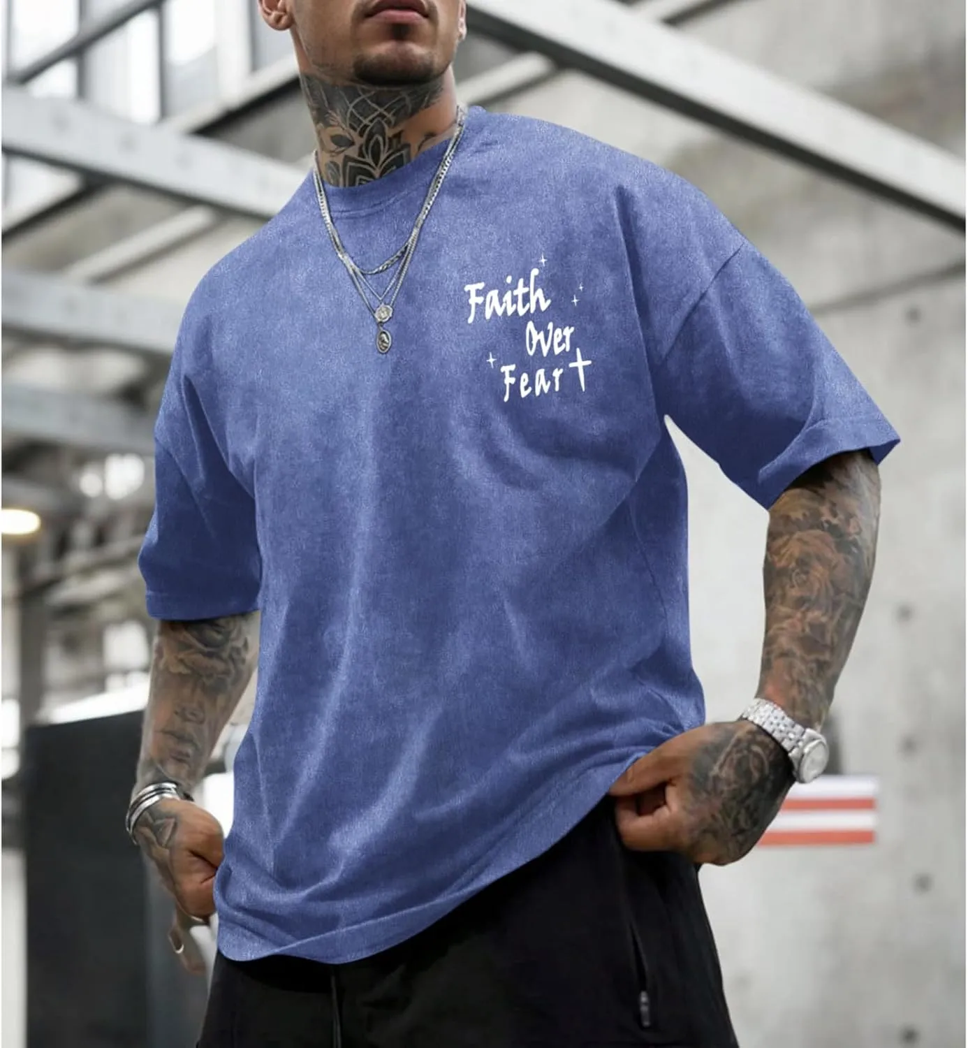 Christian Shirts for Men Faith Over Fear Acid Wash Tshirts Faith Religious Tees God Bible Verse Inspirational Tops