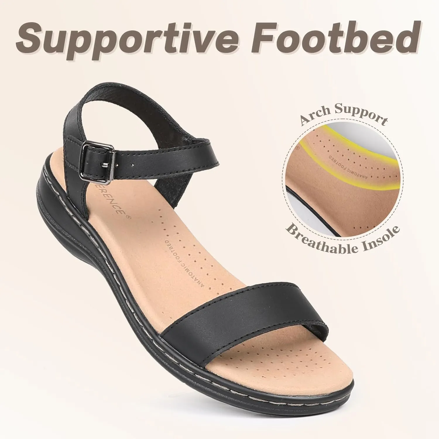 CIOR Leather Women Sandals with Arch Support, Comfortable Memory Foam Summer Beach Sandals Shoes