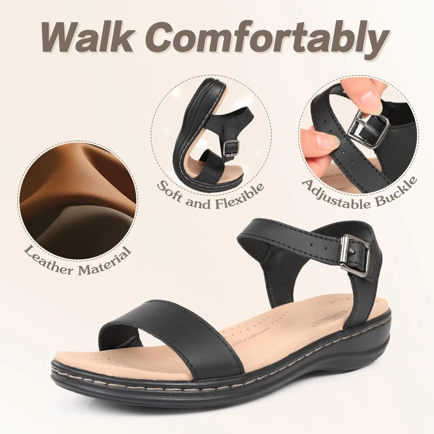 CIOR Leather Women Sandals with Arch Support, Comfortable Memory Foam Summer Beach Sandals Shoes