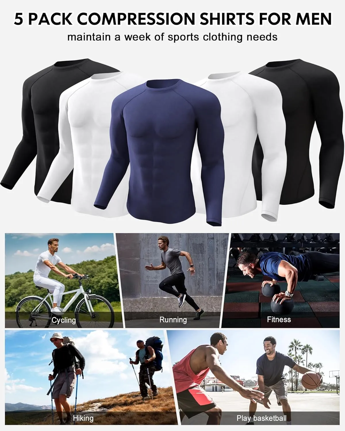 CL convallaria 5 Pack Mens Compression Shirt Workout Rash Guard Long Short Sleeve Undershirts for Athletic Gym Running