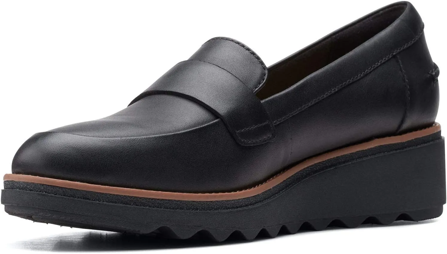 Clarks womens Sharon Gracie Penny Loafer, Black Leather With Dark Tan Welt, 8 US