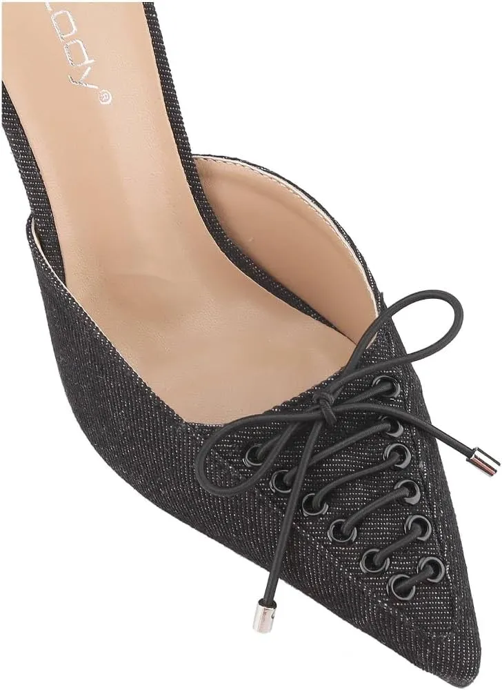 CLOVERLAY Women's Pointed Toe Stiletto Mule Slip-On Shoes Lace Up Bow Tie Pointed Toe Low Heel Pumps Summer Elegant Basics Business Casual Business Chic Spring Shoes Spring Break Easter