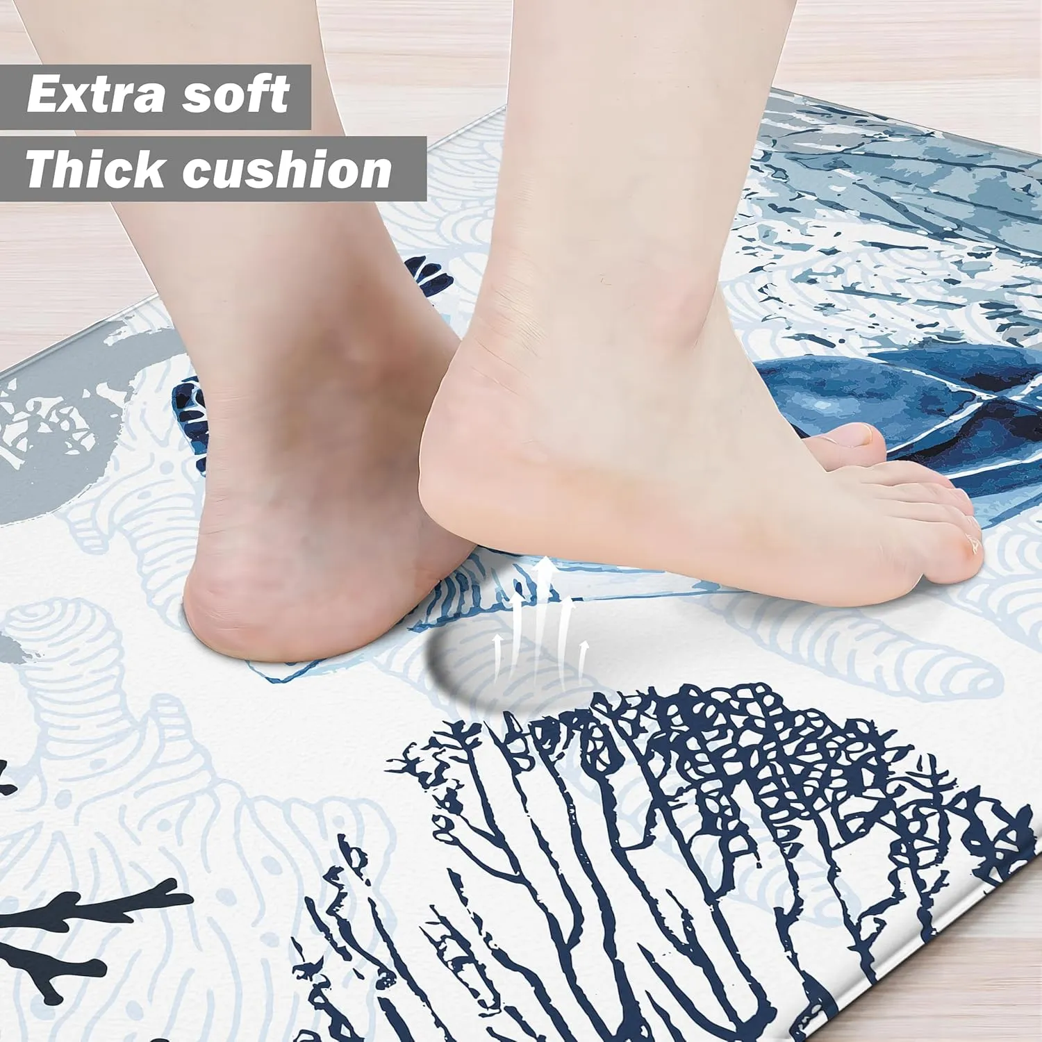Coastal Beach Kitchen Floor Mat Rugs Nautical Decorative Coral Sea Turtle Kitchen Rugs Anti Fatigue Mats Non-Slip Comfort Standing Cushioned for Kitchen 17.3" 28"   17.3" x 47" Set 2 Pcs Navy Blue