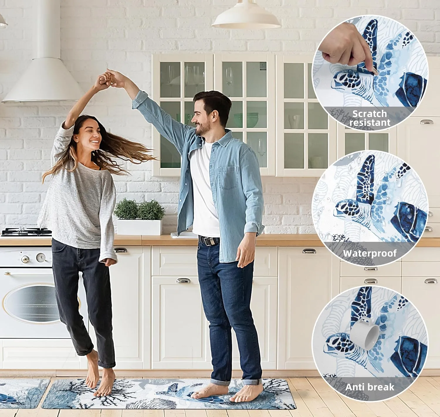Coastal Beach Kitchen Floor Mat Rugs Nautical Decorative Coral Sea Turtle Kitchen Rugs Anti Fatigue Mats Non-Slip Comfort Standing Cushioned for Kitchen 17.3" 28"   17.3" x 47" Set 2 Pcs Navy Blue