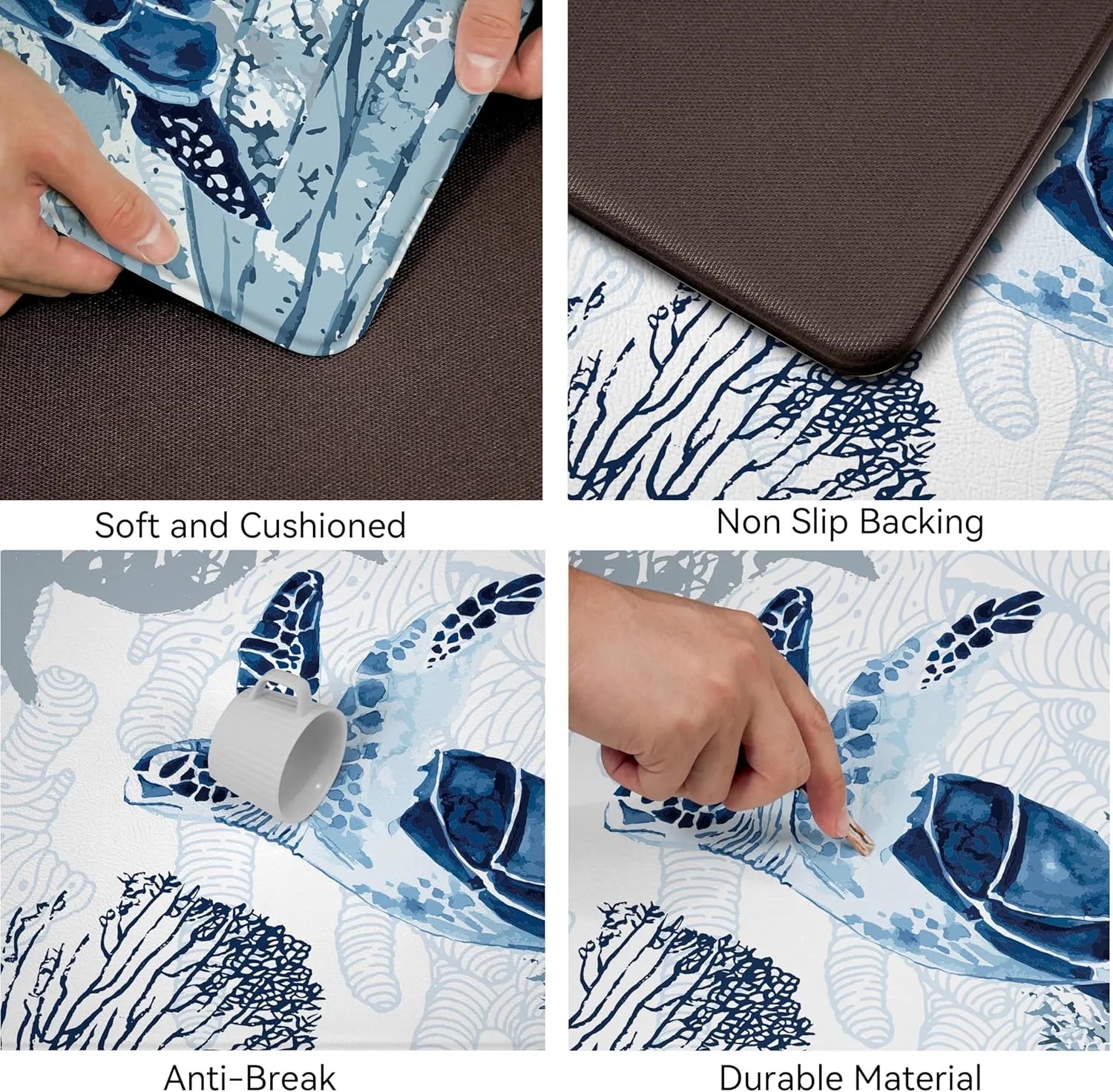 Coastal Beach Kitchen Floor Mat Rugs Nautical Decorative Coral Sea Turtle Kitchen Rugs Anti Fatigue Mats Non-Slip Comfort Standing Cushioned for Kitchen 17.3" 28"   17.3" x 47" Set 2 Pcs Navy Blue